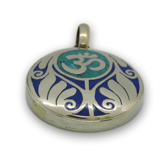 Handmade Tibetan Turquoise, Coral, Lapis Om Pendant from Nepal (Turquoise Om)