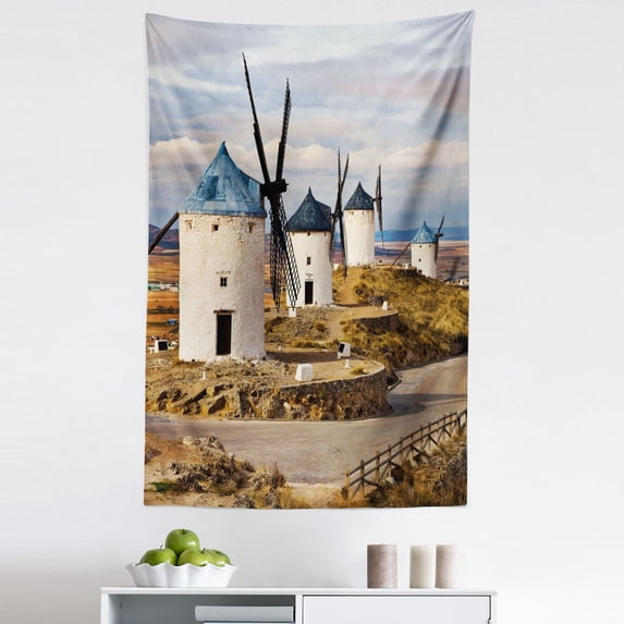 Windmill Tapestry, Medieval Spain Windmills in Consuegra Old Historical Landmark, Fabric Wall Hanging Decor for Bedroom Living Room Dorm, 5 Sizes, Blue White Pale Brown, by Ambesonne