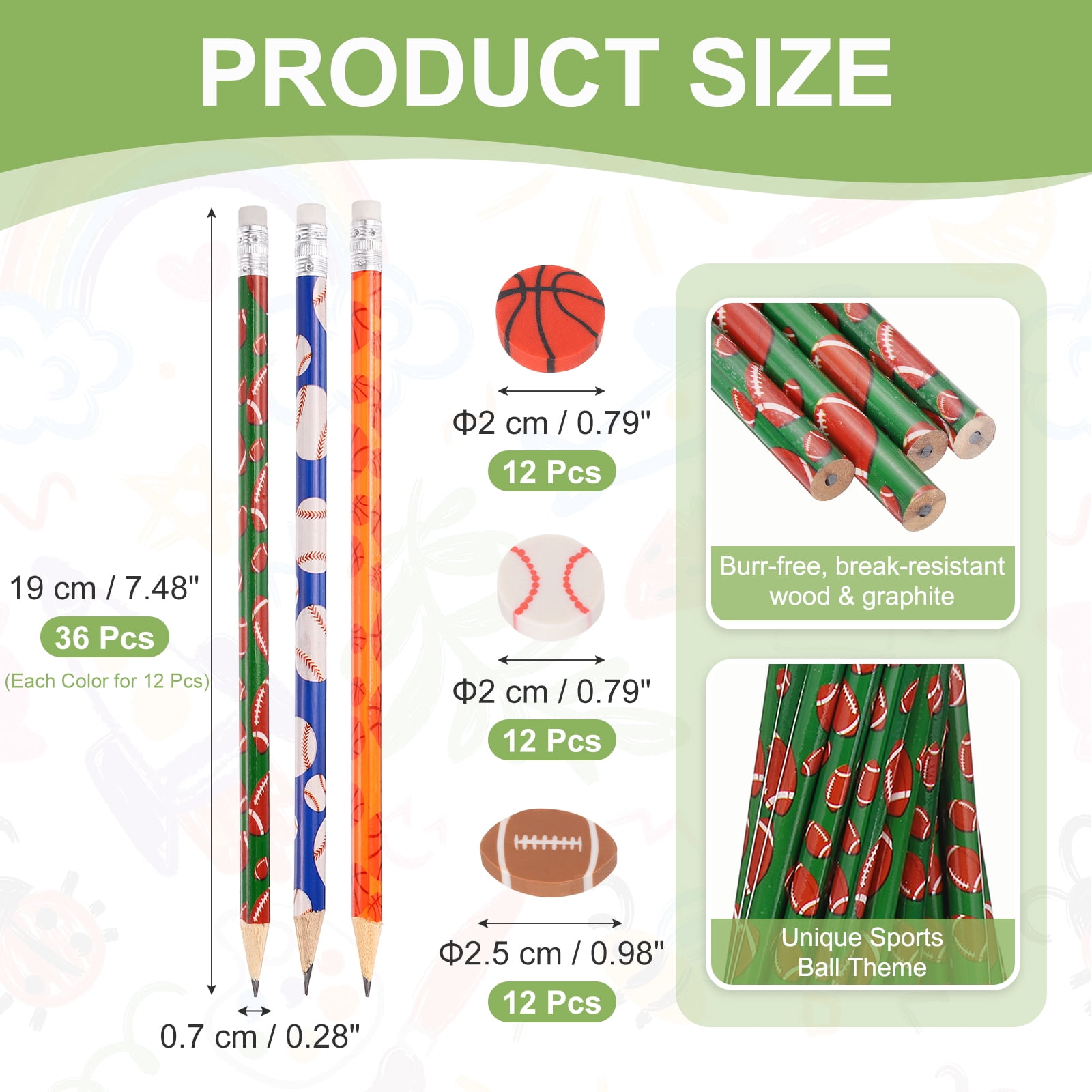 Uxcell Sports Pencils with Eraser, 36 Pcs Fun Cute Wooden Pencils 36 Pcs Sport Ball Erasers Basketball/Rugby/Baseball Theme for Party Favors Classroom Reward