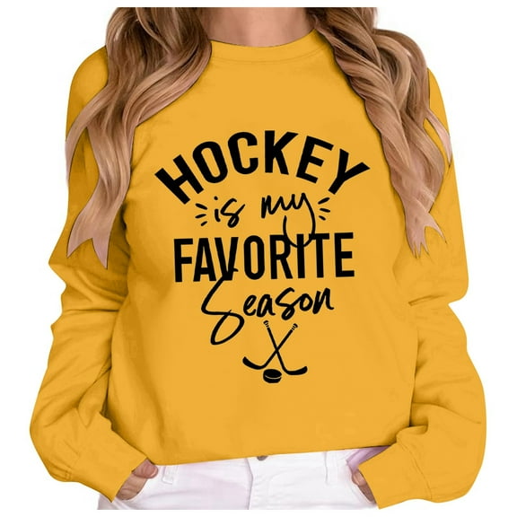 Arlun Hockey Is My Favorite Season Sweatshirts Womens Vintage Hockey Retro Letter Printed Funny Saying Graphic Pullovers Tops Loose Comfy Crewneck Long Sleeve Sweatshirts Yellow XL