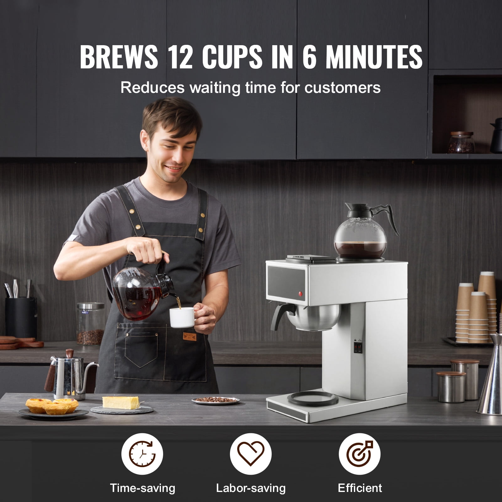 KFFKFF Commercial Drip Coffee Maker, 12-Cup Machine with Dual Glass Carafes and Two Warming Plates, Stainless Steel Brewer for Restaurants, Offices, Cafes, and Homes