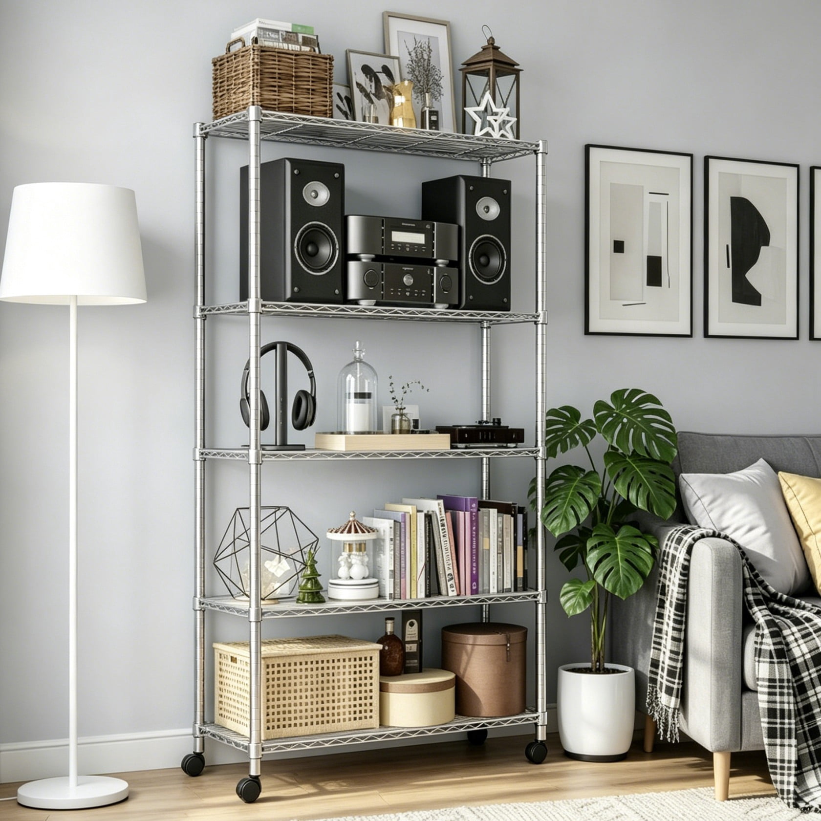 Ktaxon Commercial 5 Tier Storage Rack, Adjustable Rolling Metal Garage Shelving Chrome, 35''W x 14''D x 65''H, Capacity for 800lbs