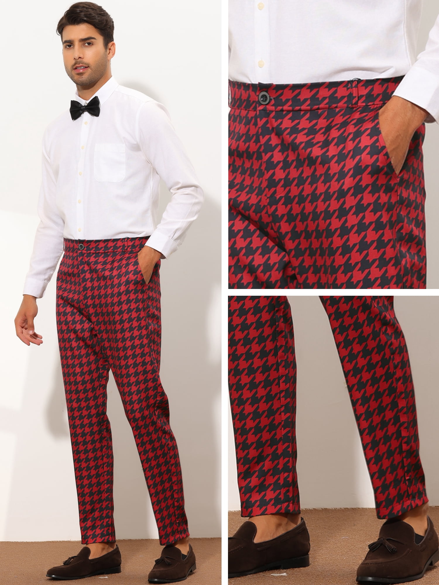 Unique Bargains Men's Houndstooth Dress Pants Big and Tall Business Plaid Trousers 36 Red