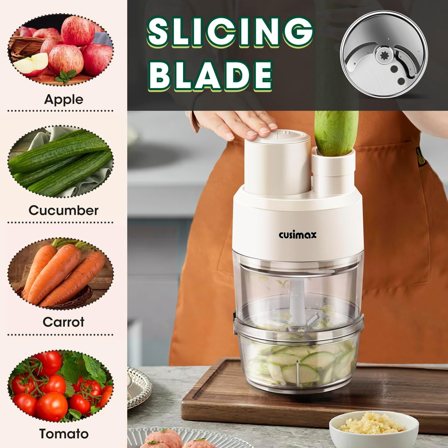 CUSIMAX 2-Speed Electric Food Processor, Electric Vegetable Spiralizer for 3-in-1,White,