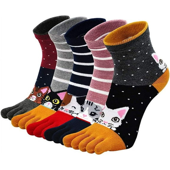LOFIR Womens Toe Socks Comfy Cotton Novelty Cute Cat Animal Pattern Casual Ankle Finger Socks for Running Athletic, 5 Pairs
