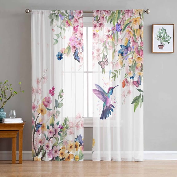 Botanical Flowers Sheer Curtains 63 Inches Length 2 Panels Set, Window Sheer Curtains for Living Room/Bedroom, Watercolor Floral Bird Butterfly Light Filtering Rod Pocket Curtain 52'' x 63'' x 2