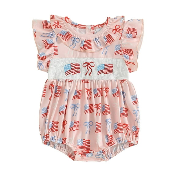 BSongo Baby Girls Romper, Fly Sleeve Crew Neck Flags Bow Print Embroidery Infant Bodysuit 4th of July Clothing