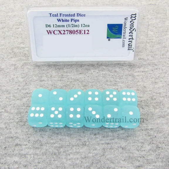 Teal Frosted Dice with White Pips 12mm (1/2in) D6 Set of 12 Wondertrail