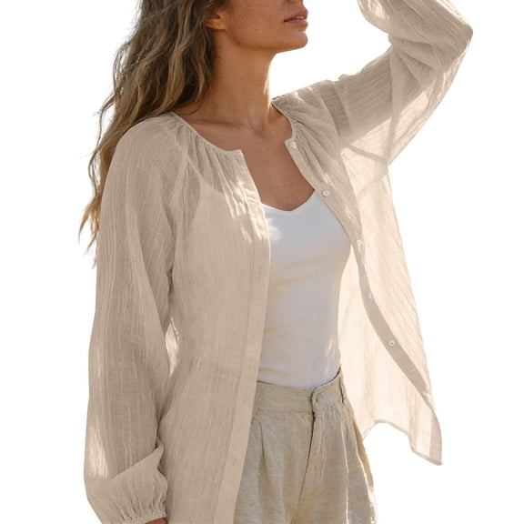 Cmfcve Long Sleeve Gauze Shirts for Women Collar Button Down Shirts Summer Sheer Mesh Beach Cover Up Tops
