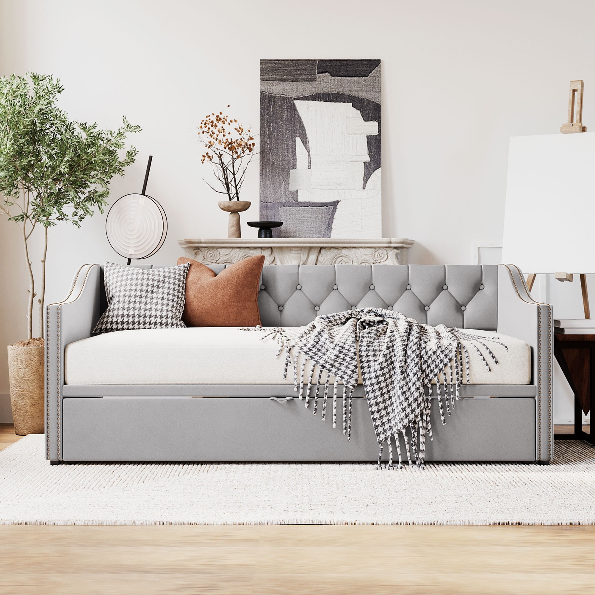 Aukfa Twin Daybed with Pop-Up Trundle, Velvet Upholstered Bed Frame with Button Tufted Back and Nailhead Trim, Space Saving Guest Bed for Kids Room/Living Room, Gray