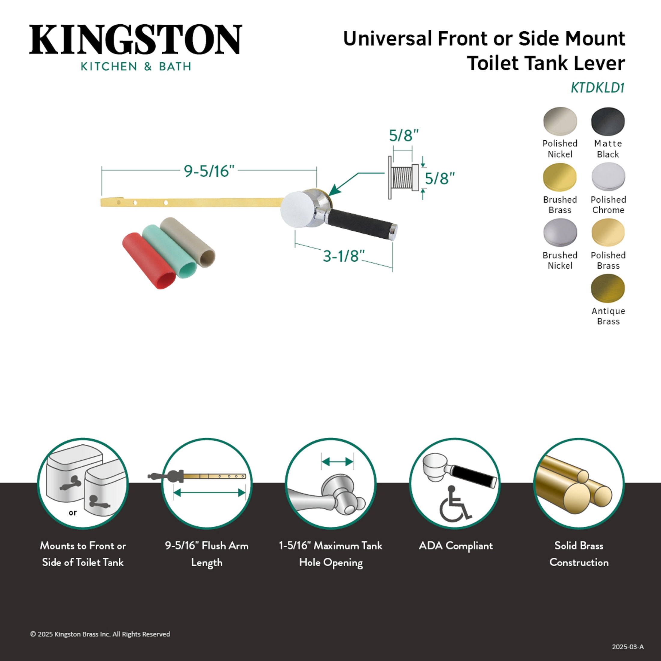 Kingston Brass KTDKLD6 Kaiser Universal Front or Side Mount Toilet Tank Lever in Polished Nickel