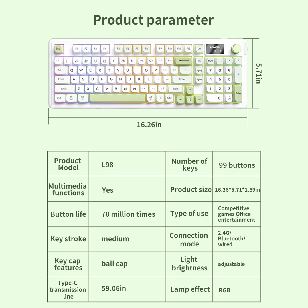 ITIGOITIE Tri - mode Bluetooth Wireless RGB Illuminated Membrane Keyboard,Silent, Esports/Gaming/Office, Snow Green Color