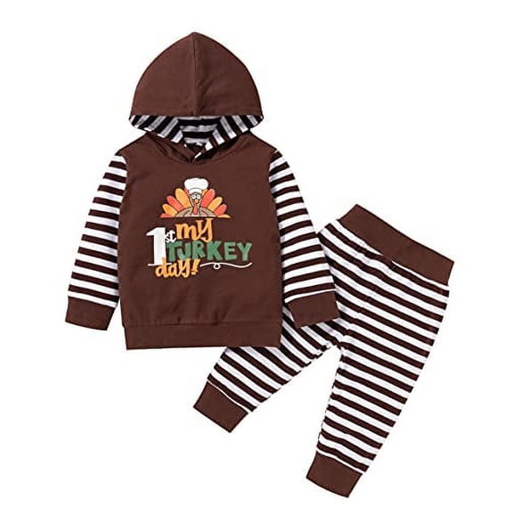 StylesILove Infant Baby Boys My 1st Turkey Day Long Sleeve Pullover Hoodie and Pants 2pcs Holiday Set Brown Thanksgiving Outfit (24 Months)