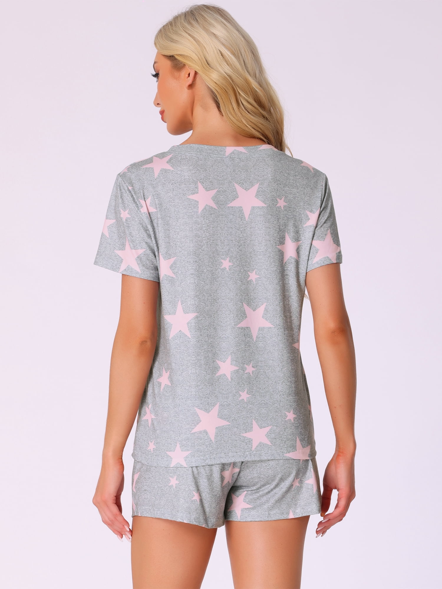 DARING DIVA Pajama Short Sleeve Top Shorts Loungewear Sleepwear Set XS Light Gray Star
