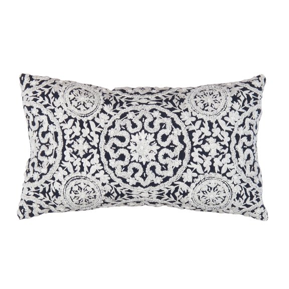 Pasargad Home Naples Embroidered Pillow, Navy/Taupe (All Ages, 1 Pack)