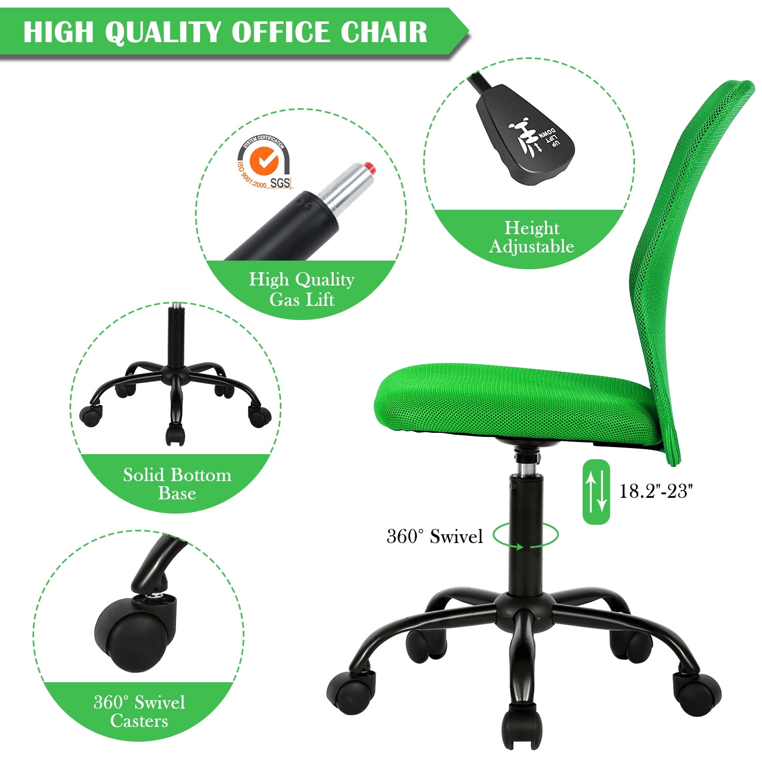 NiamVelo Mesh Office Chair Adjustable Ergonomic Mid Back Computer Desk Chair with Lumbar Support, Armless Rolling Task Chair, Green