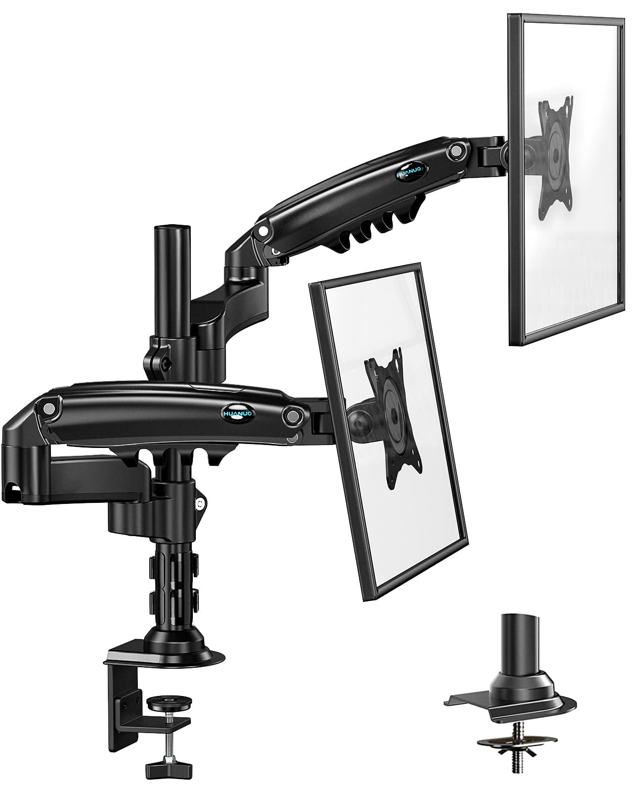 HUANUO Dual Monitor Stand Vertical Stack Screen Support Two 17 to 32 Inch Computer Monitors with C Clamp Grommet Base 