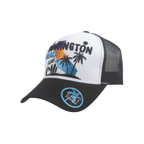 Top Headwear Palm Tree Beach Adjustable Trucker Hat - Huntington Beach - Black/White