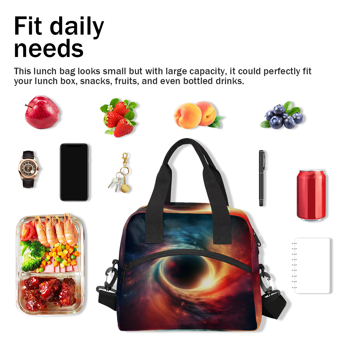 Herdesigns Galaxy Insulated Lunch Bag for Women Men Adults Large Reusable Lunch Box Planets Universe Space Leakproof Cooler Tote Bags with Adjustable Shoulder Strap