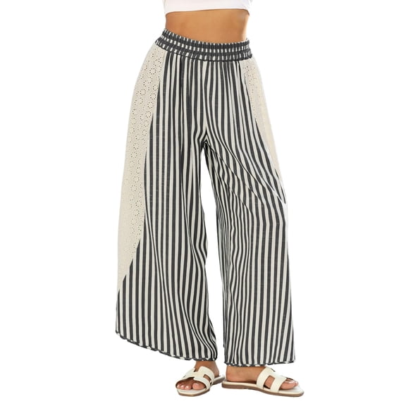 Sewkxo Womens Summer Palazzo Pants Casual Loose Striped Wide Leg Pants Elastic Waist Lounge Trousers,Black L