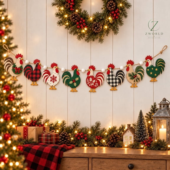 Christmas Wooden Garland Decor, Rustic Rooster Farmhouse Hanging Accent for Holiday Hosts