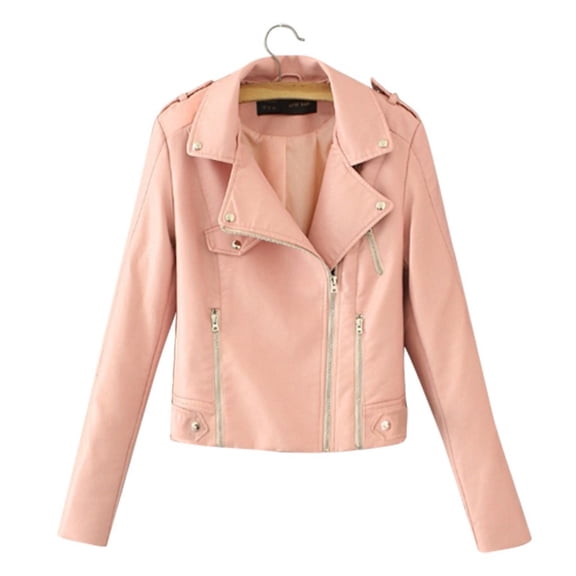Tdoqot Women's Leather Jacket- Zipper Casual Short Fall Jackets for Women Pink Size 2XL