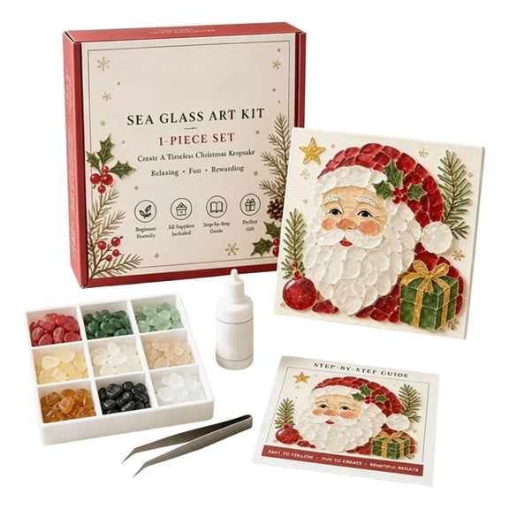 Christmas Sea Glass Art Kit for Adults,Festive DIY Mosaic Craft with Colorful Glass Pieces,Beginner Friendly Holiday Wall Art and Tabletop Decor,Santa
