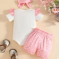 thumbnail image 5 of HCNTES Infant Baby Girl Elephant Print Ruffle Sleeve Romper & Heart Dot Shorts with Bow Headband 3Pcs Cute Outfit Set 0-18M, 5 of 6