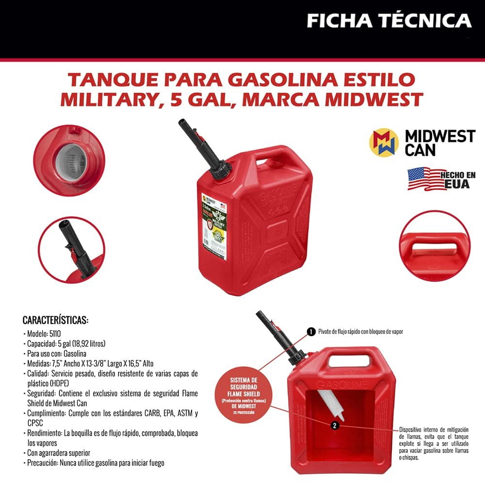 Midwest Military Style 5Gal Petrol Tank, MW2006 for Safely Storage and Transport, Red with Black, Medium