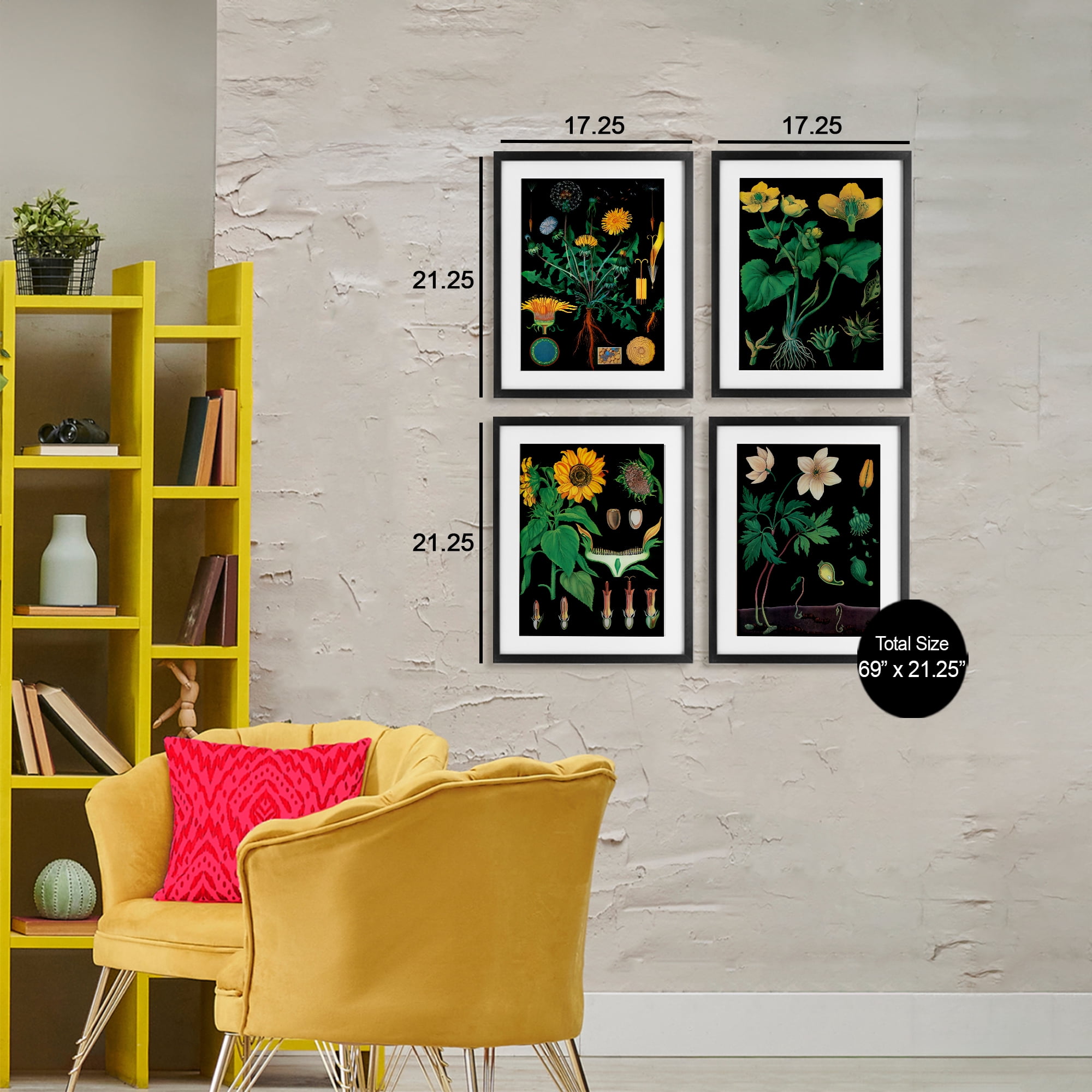 Stupell Industries Botanical Illustrations on Black 4 Piece Black Framed Print Under Glass Set, design by Vintage Hustle