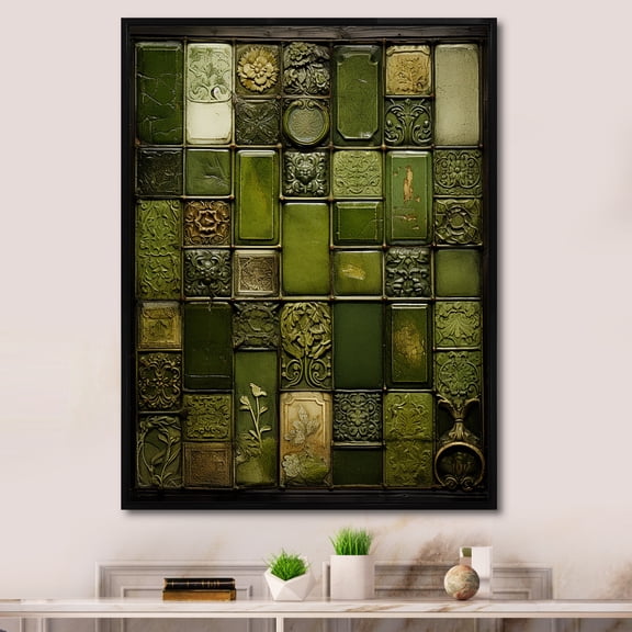 Designart "Stone Tiles in Green I" Abstract Framed Wall Art - Modern Green Abstract Tile Hallway Framed Wall Art Decor