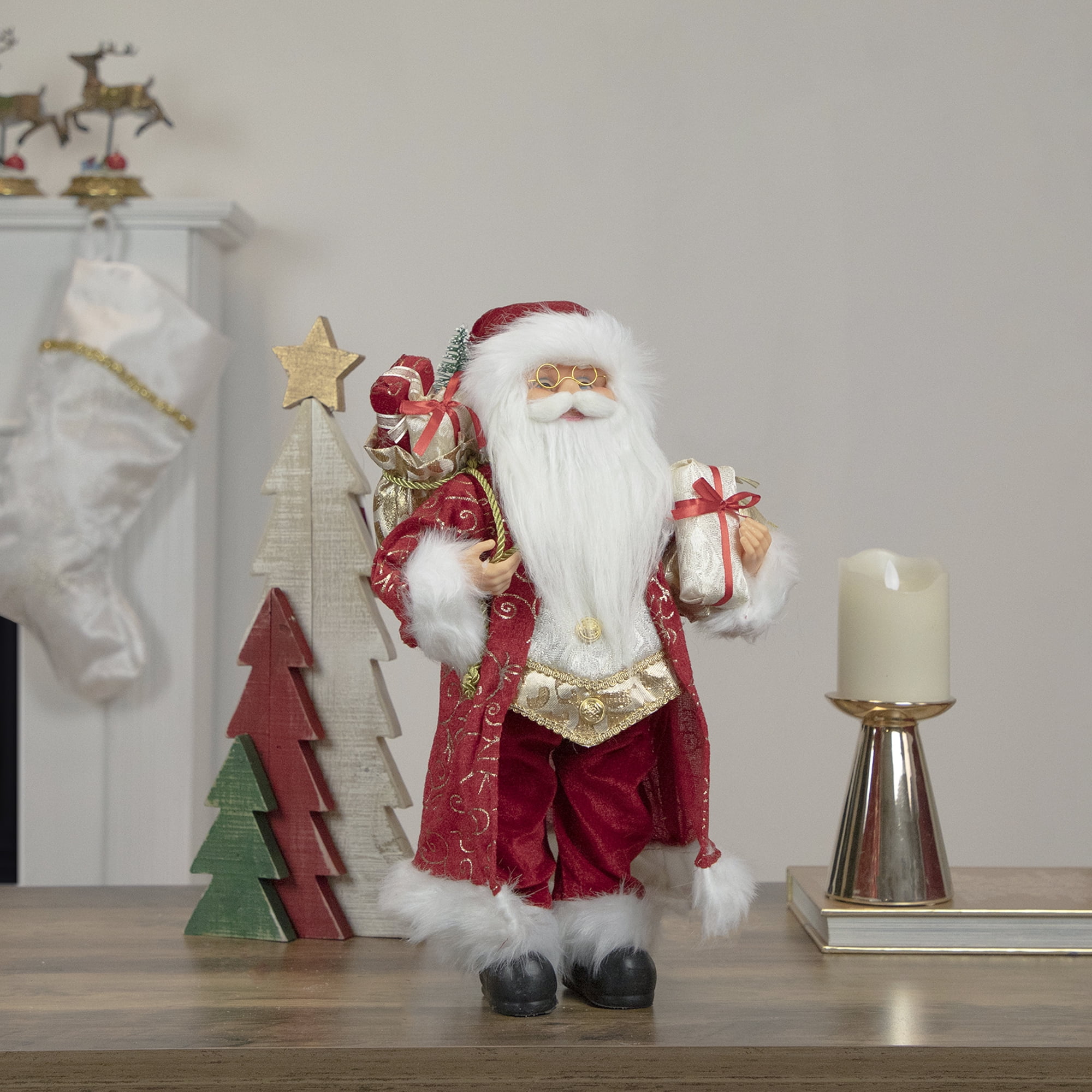 16" Standing Santa Claus in Red and Gold Robe with Gifts Christmas Figure