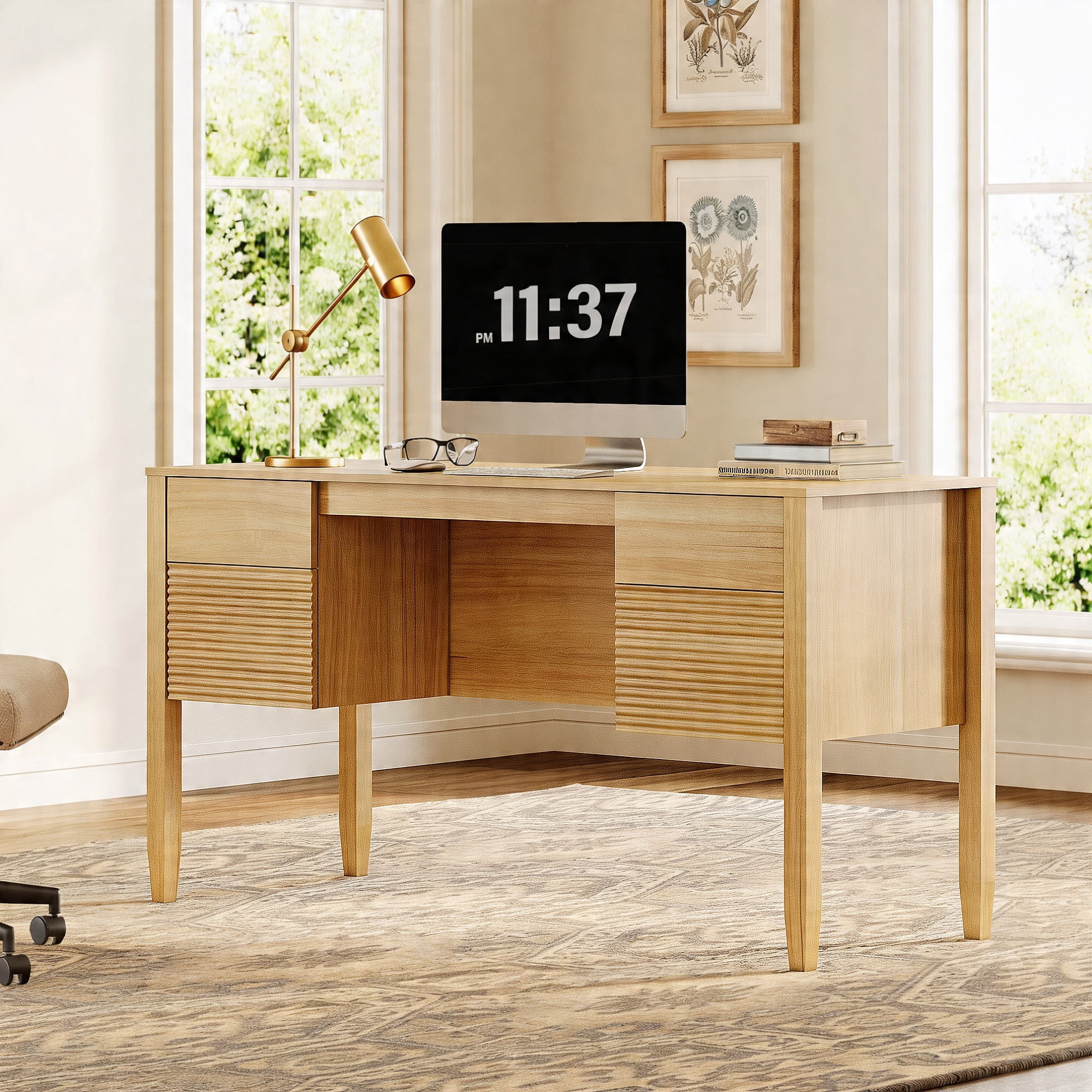 58Inch Fluted Executive Desk with Power Outlet and Doors, Modern Computer Writing Desks with Rear Storage Compartment Design, Home Office Desk with Drawers For Work And Study