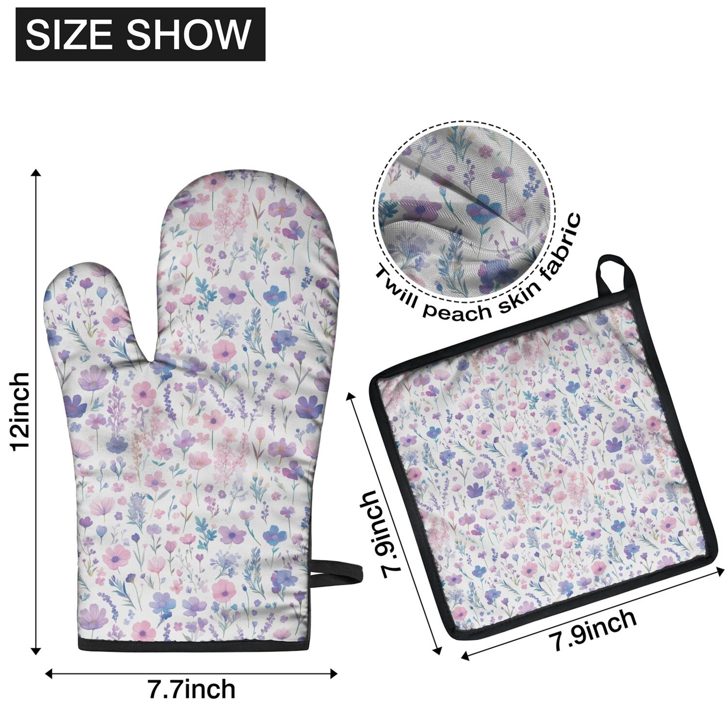 Floral Pattern Oven Mitts and Pot Holders Set Of 4, Heat Resistant Kitchen Gloves with Non-Slip Grip, Hanging Loop, Soft Cotton Lining for Baking, Cooking, Grilling, Barbecue