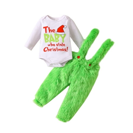 

Newborn Baby Boy Girl Christmas Set Print Long Sleeve Crew Neck Romper Jumpsuit+ Plush Suspender Pants Xmas Set