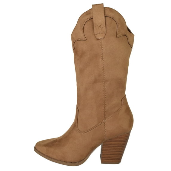 Soda Women Cowgirl Cowboy Western Stitched Boots Pointy Toe Mid Claf Suede High Heels Akito-S Light Brown Coffee 8.5