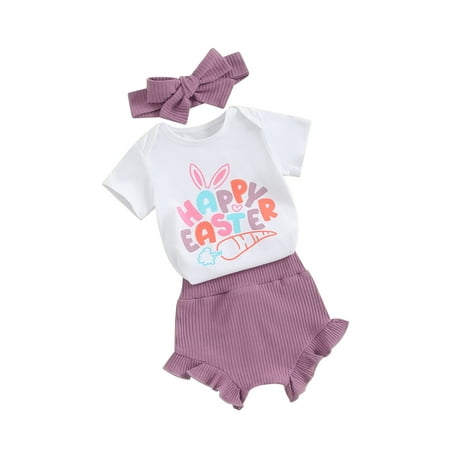 

Suealasg Baby Girl Outfit Newborn Girl Easter Clothes Letter Rabbit Print Short Sleeve Rompers Bobbles Shorts Headband 3Pcs Newborn Summer Clothing