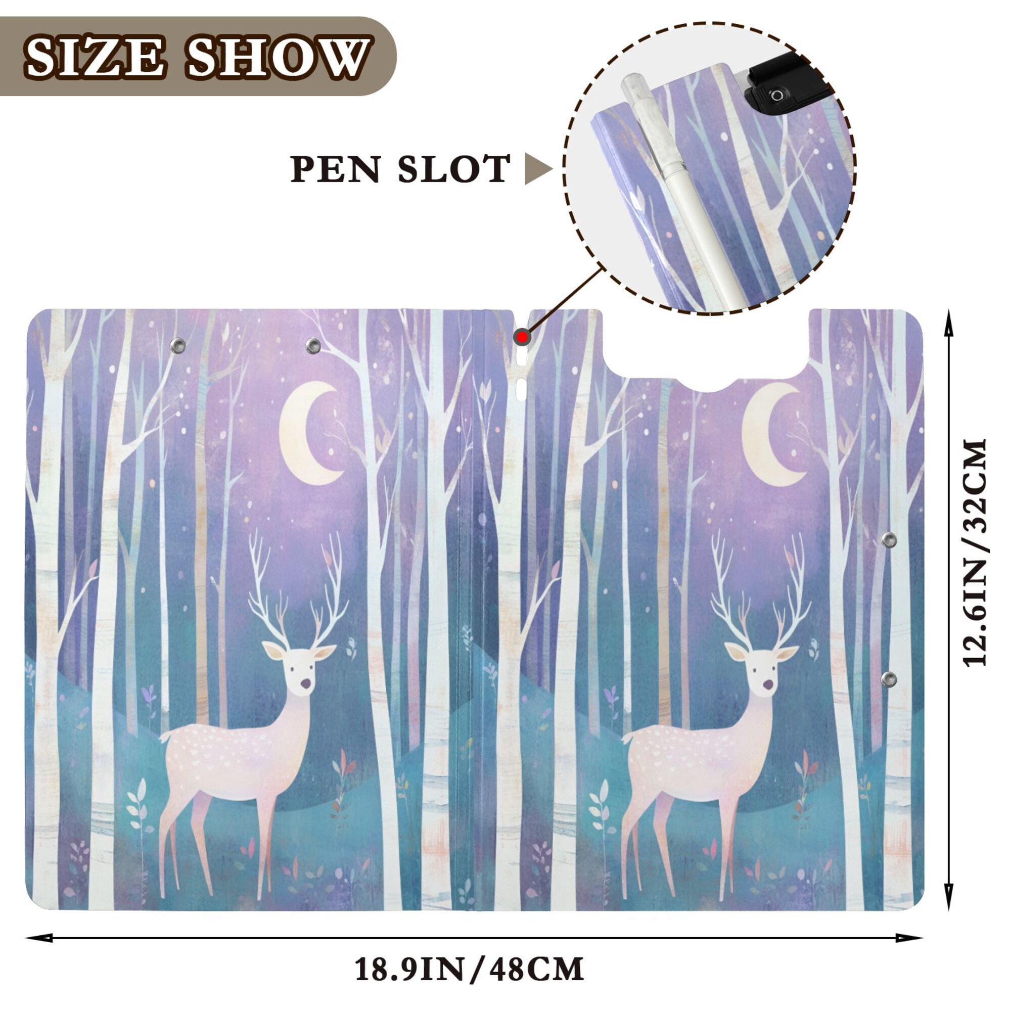 FORMRS A4 Clipboard Folder with Pen Holder Horizontal Foldable School Office Binder, Purple Night Deer