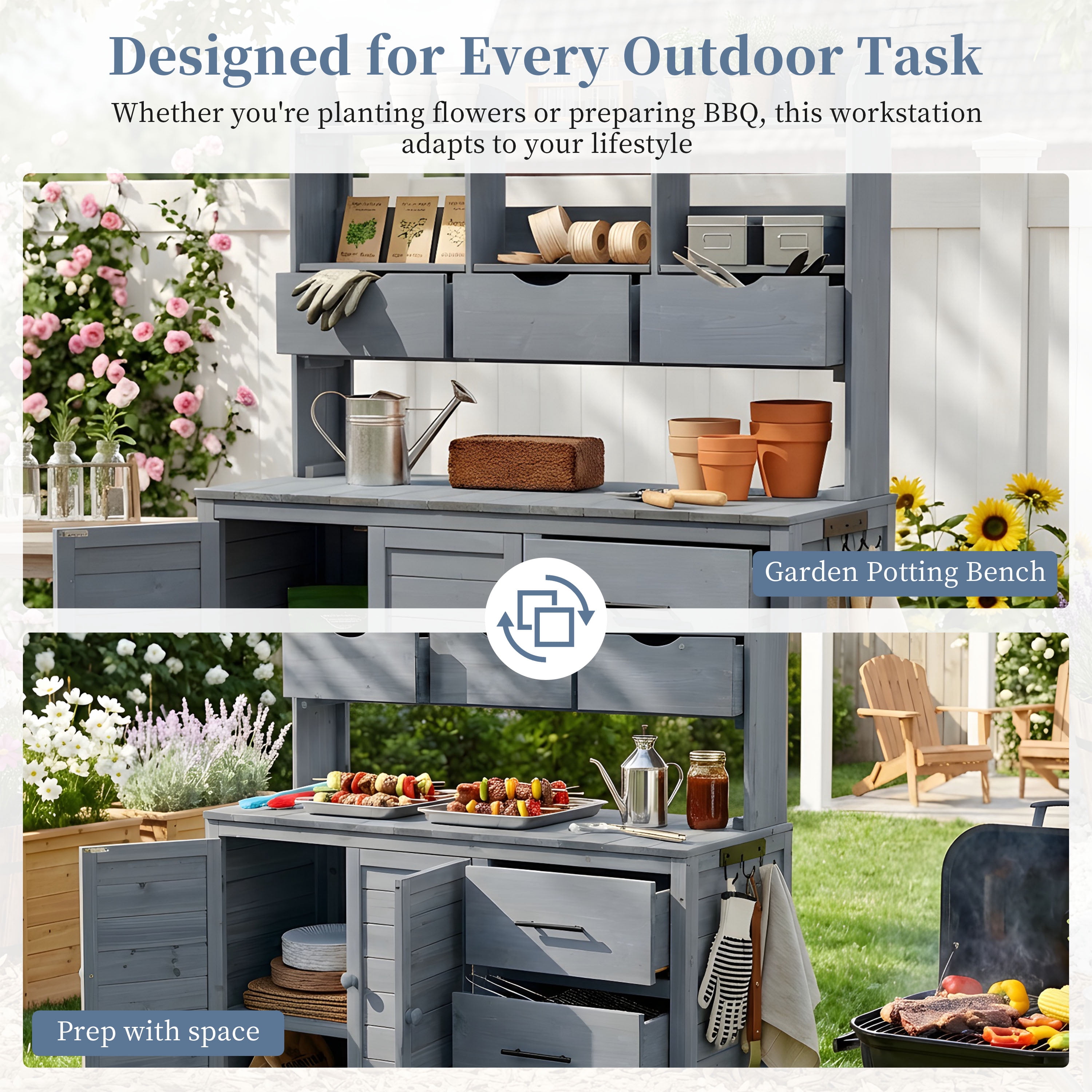 Freestanding Garden Workstation, 44.6x19.5 Inch Farmhouse Outdoor Potting Bench, Gray