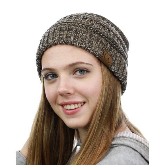NYfashion101 Exclusive Unisex Two Tone Warm Cable Knit Thick Slouch Beanie Cap - Camel/Gy/Bk