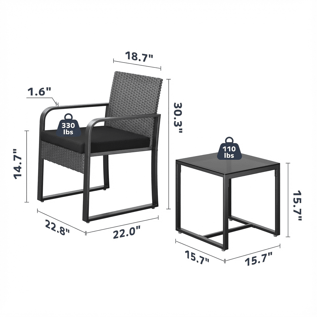 Asofer 3 PCS Patio Furniture Set, Outdoor Bistro Wicker Chair with Glass Table, Poolside, Balcony, Black Cushion