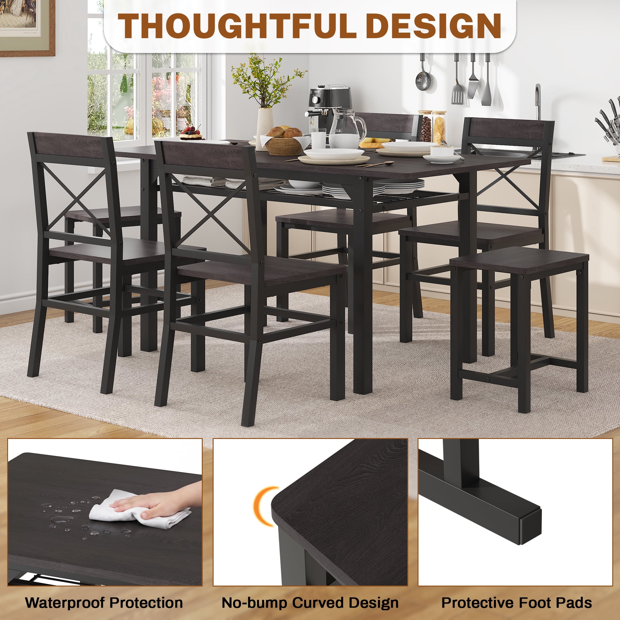 HOQBN Dining Table Set,Wooden Kitchen Table Set for 6,Farmhouse 7-Piece Dining Room Furniture for Small Space, Breakfast Nook, Apartment,Black