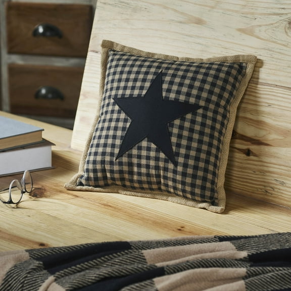 VHC Brands Black Check Star Pillow 12x12, Cotton Pillow With Polyester Pillow Fill, Decorative Throw Pillow, Black Check Star Collection, Square 12x12, Country Black