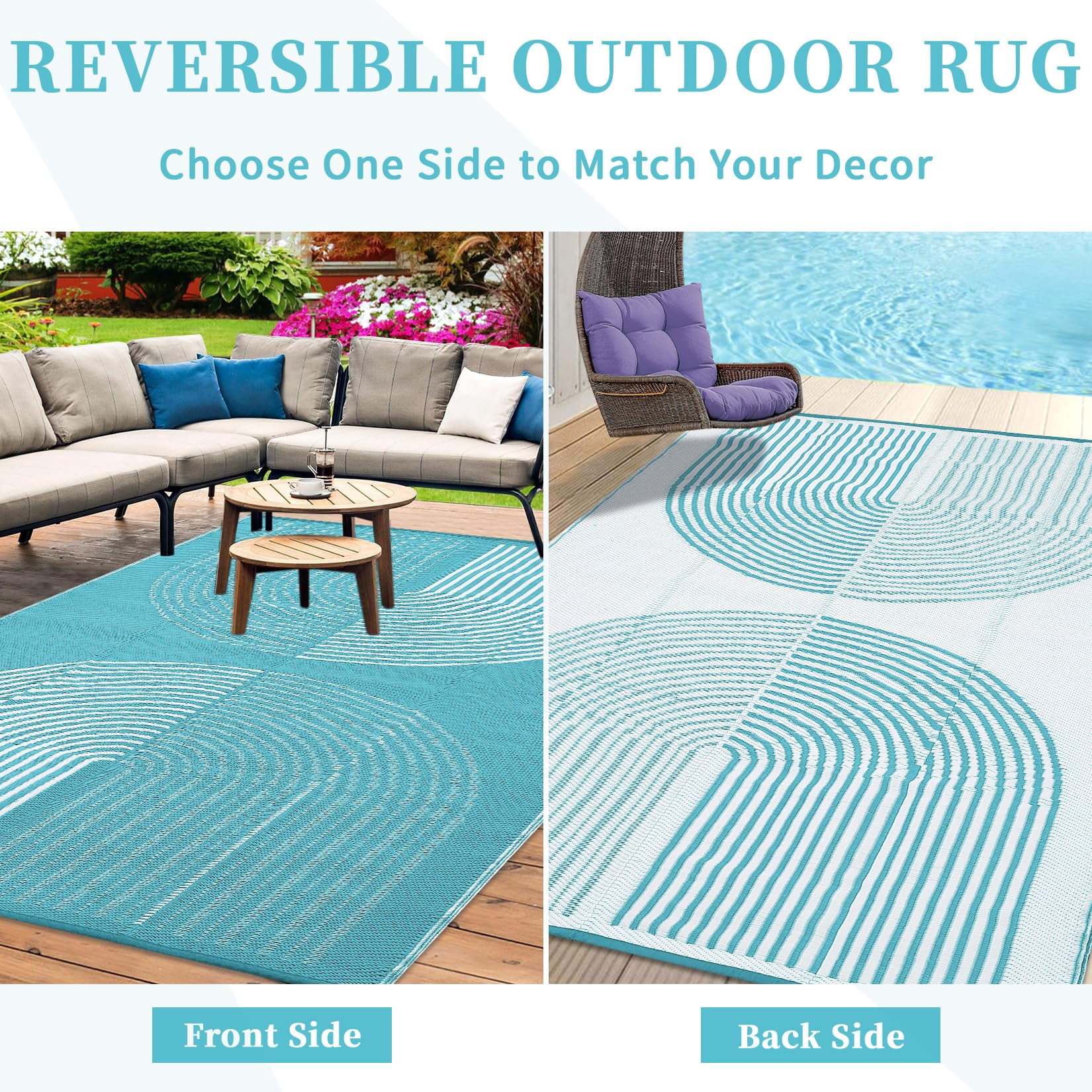 Kicctian Outdoor Rug 6x9 ft Waterproof Plastic Straw Rug for Patio, UV Resistant Reversible Floor Carpet Outside Portable RV Camping Pat for Balcony, Porch, Backyard, Light Blue & White