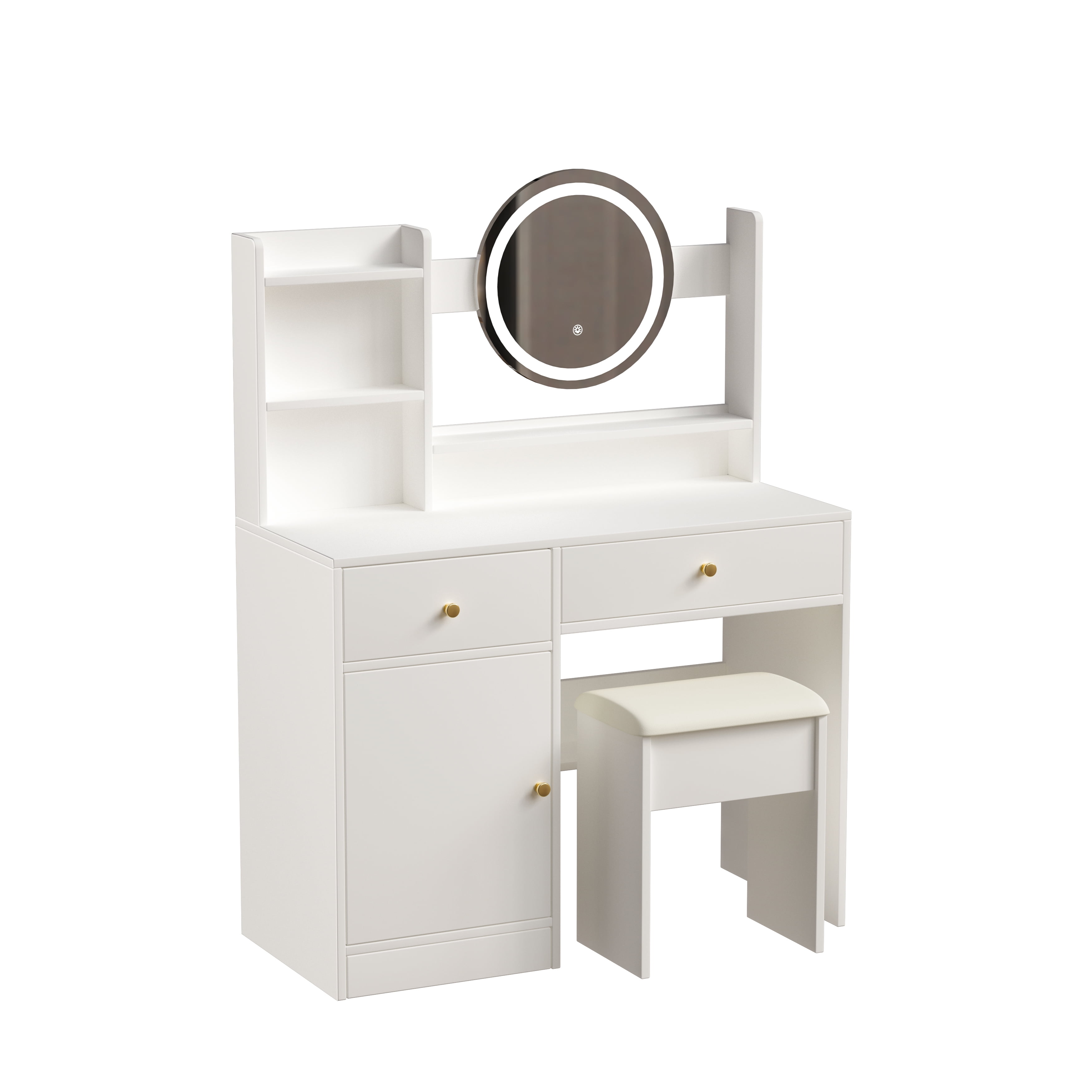 Euroco Modern Vanity Table with Lighted Mirror, 3 Color LED Touch Lighting, Storage Shelves & Drawers – Makeup Desk with Stool, Gift Idea for Women and Girls
