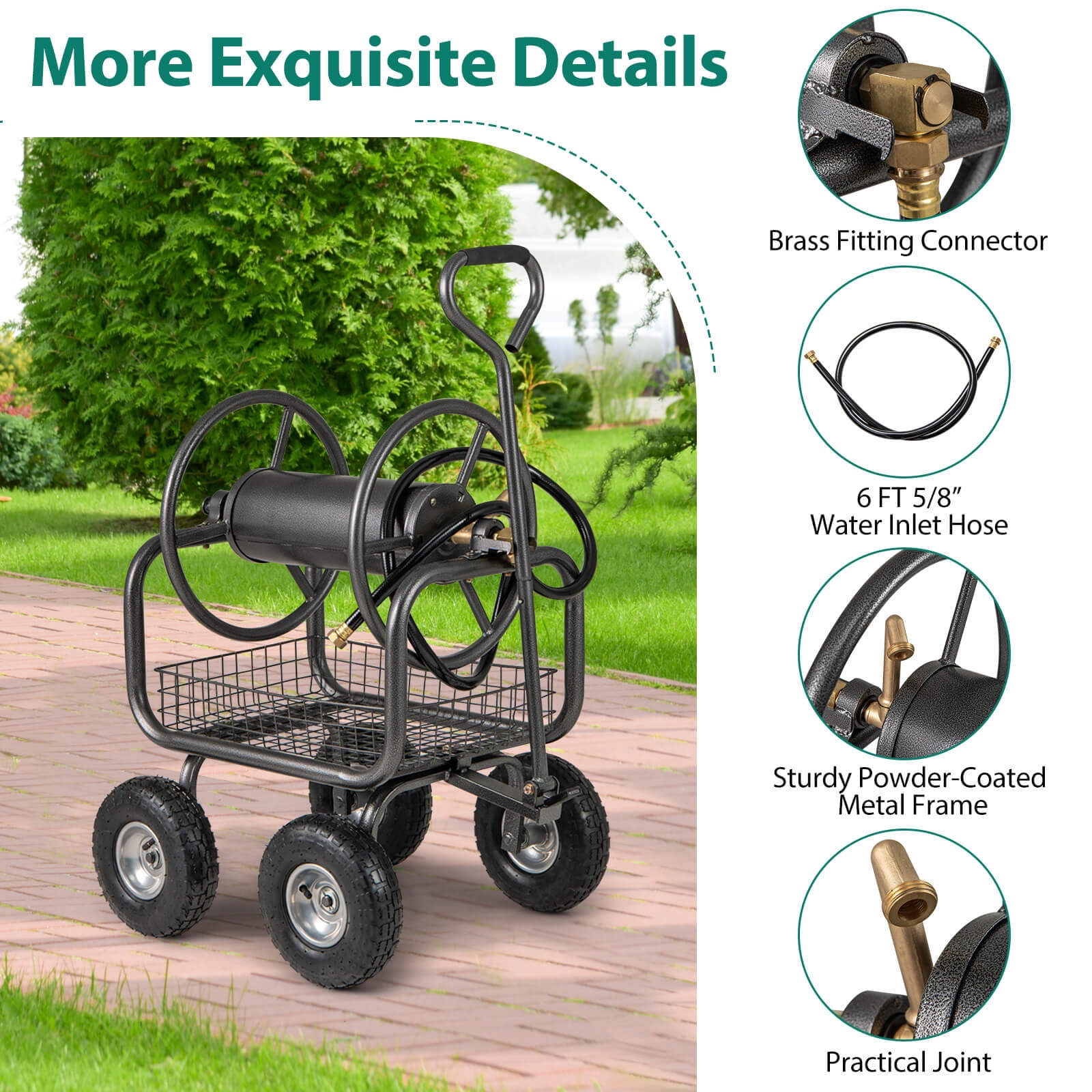 Costway Portable Hose Reel Cart with 300 ft of 5/8” Large Capacity Storage Basket for Lawn