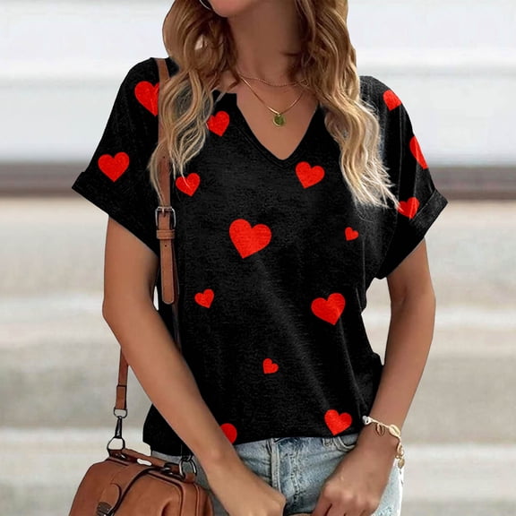 Womens Short Sleeve Shirts V-Neck Y2K Summer Tops Love Heart Print Spring Tee