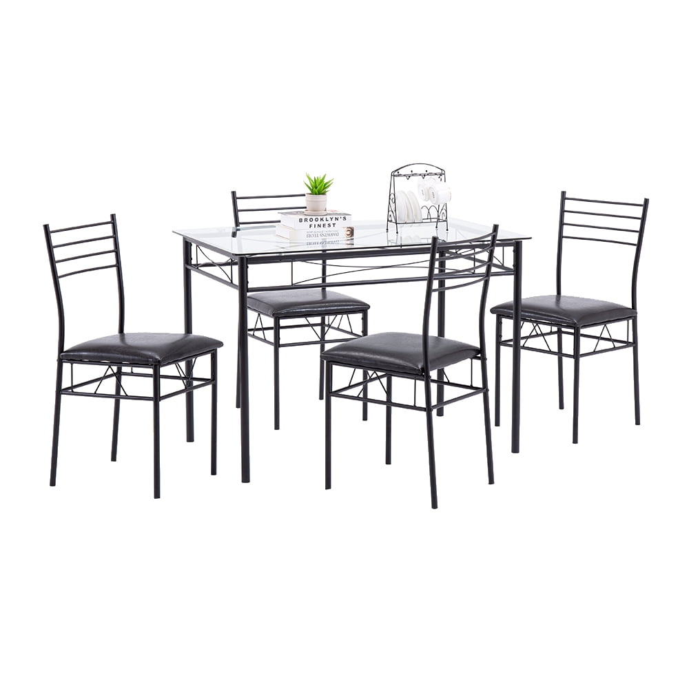 Iron Glass Dining Table and Chairs Black One Table and Four Chairs PU