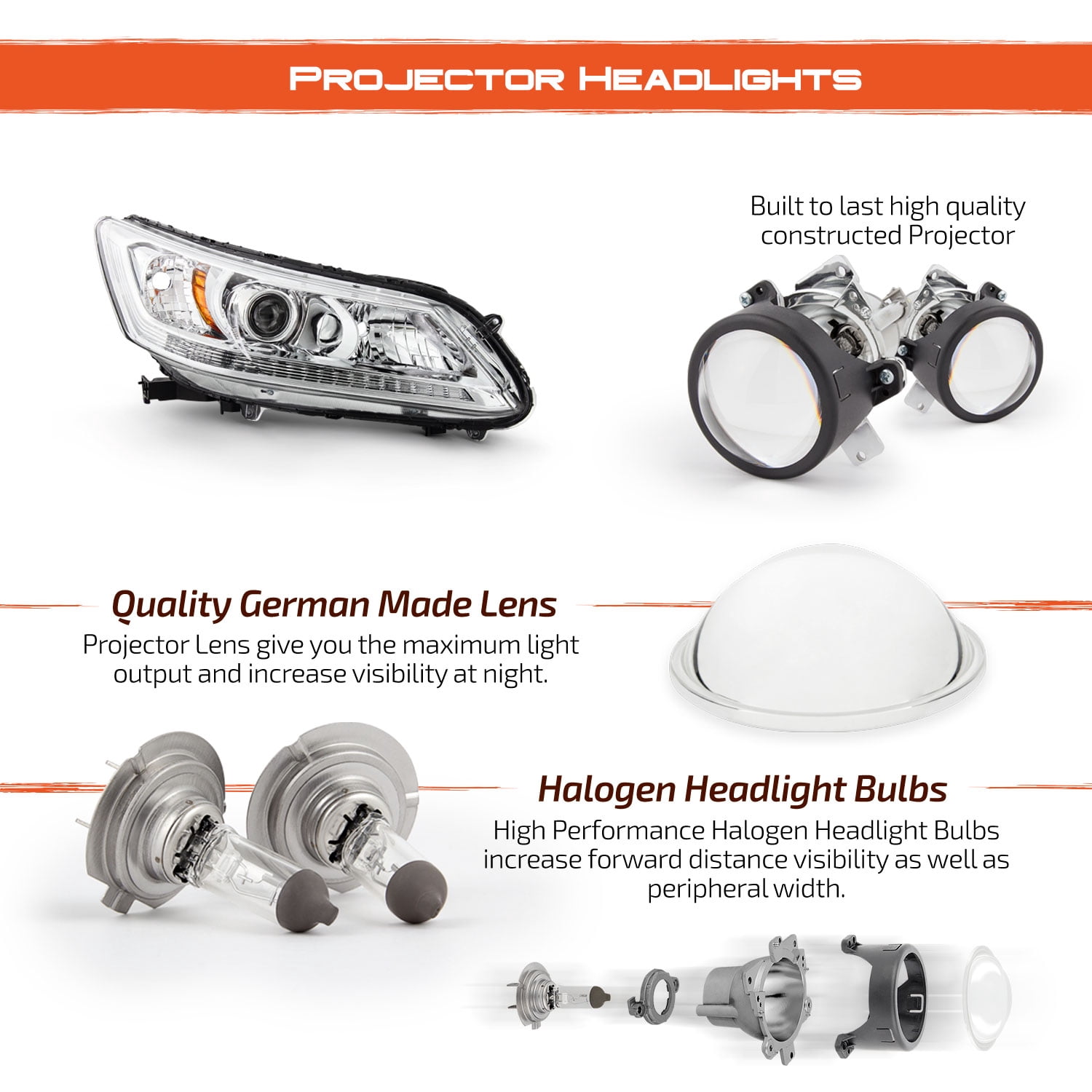 AKKON - Fits 2013 2014 2015 Honda Accord 4Door Sedan [Halogen Type] Chrome Clear Headlights Pair Left Driver+Right Passenger