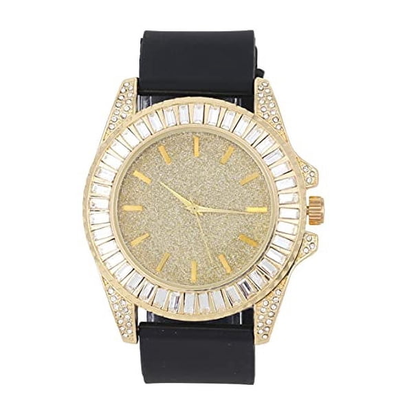 Charles Raymond Baguette Cut Diamond Crystal Blinged Out Mens Hip Hop Iced Out Wristwatch - No Reasonable Doubt This is The Timepiece to Flaunt The Wealth - ST10372 (Black Rubber Gold)